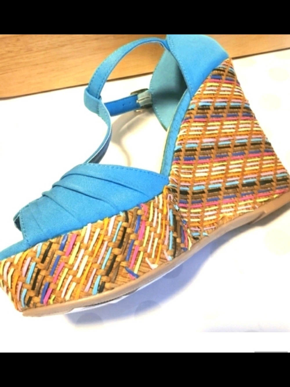 *NIB Qupid Multicolor Woven Espadrille Wedge Platform Sandals Turquoise Sz 8.5 - Picture 10 of 14